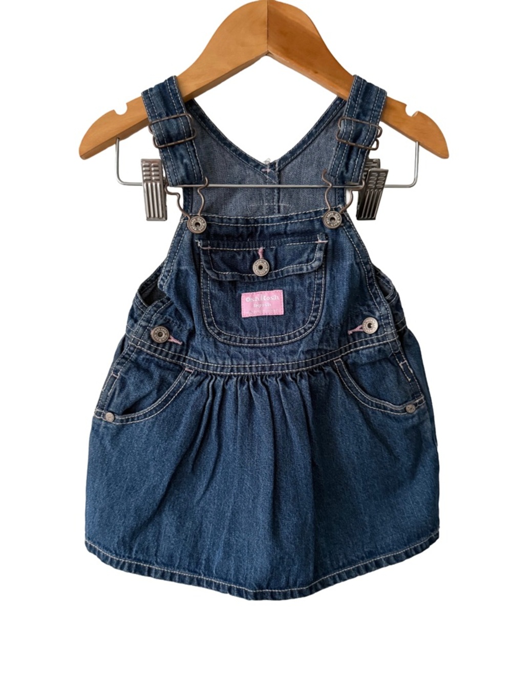 OshKosh B'gosh Blue Denim Pinafore Overall Dress with Pink Logo Patch Y2K